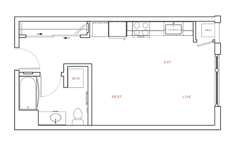 A floor plan of a small apartment with a kitchen, living room, and bathroom.